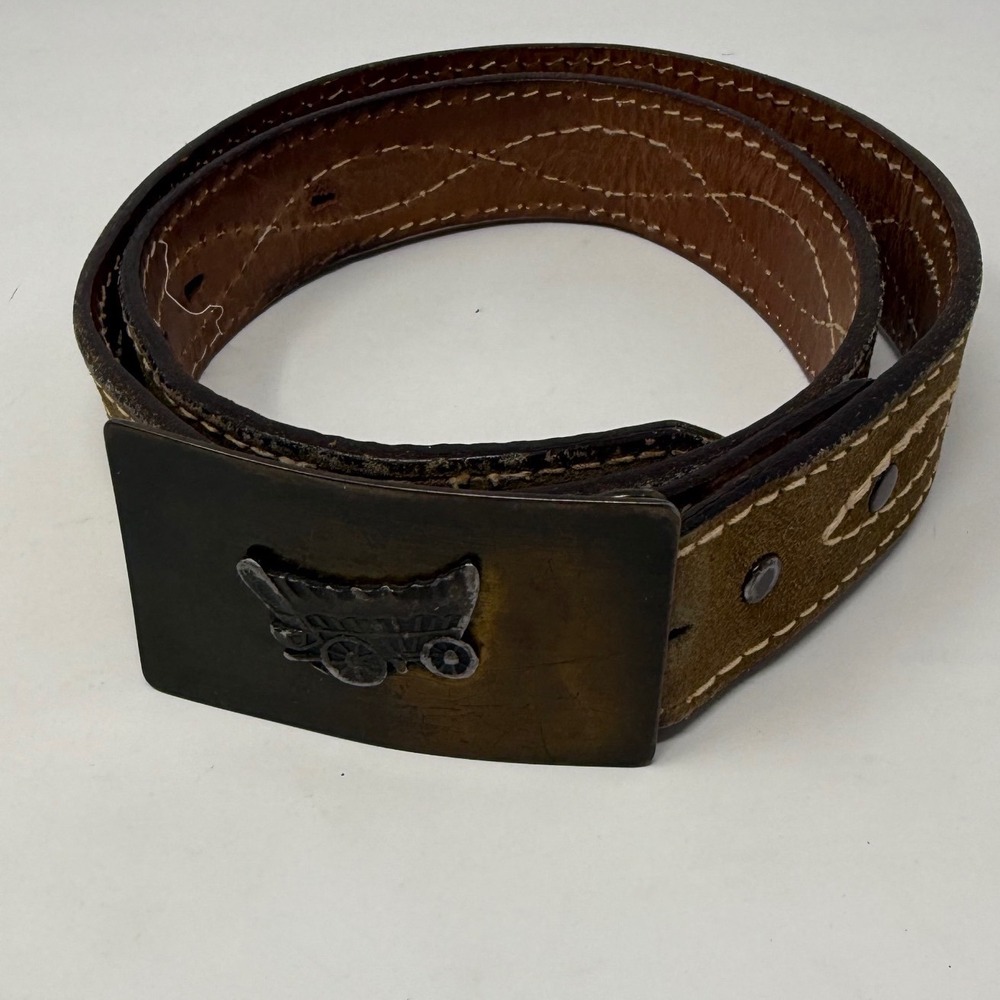 Pawnee Bill Mens Brown Leather Suede Western Wagon Buckle Belt Size 34